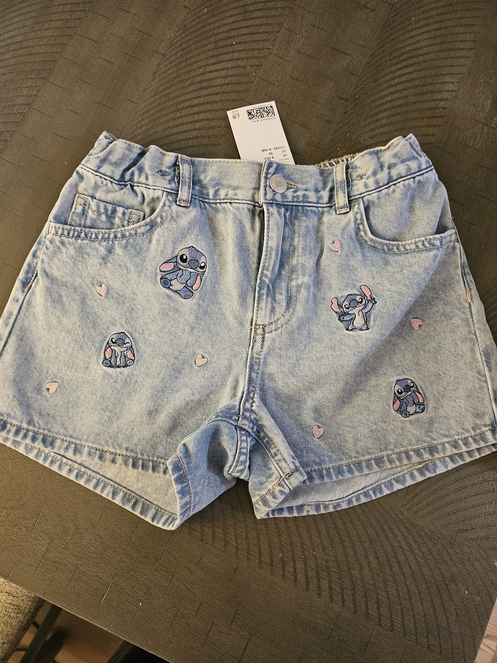 H&M Light Blue Denim Shorts with Stitch Embroidery and Pink Hearts